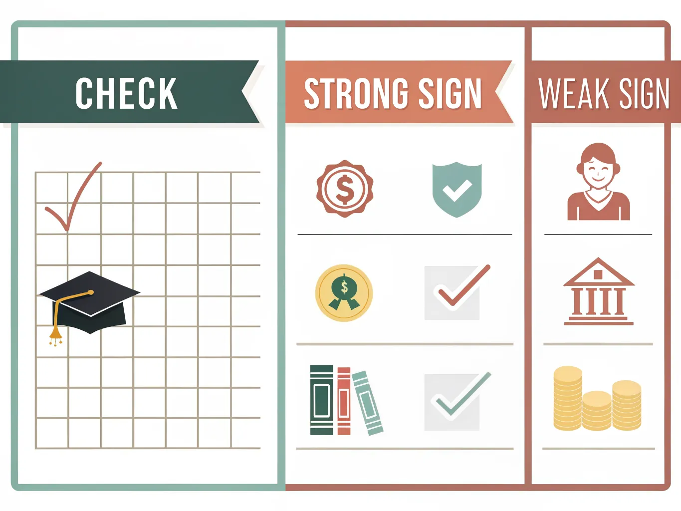 Infographic checklist comparing strong and weak internship signs for pay, structure and learning.