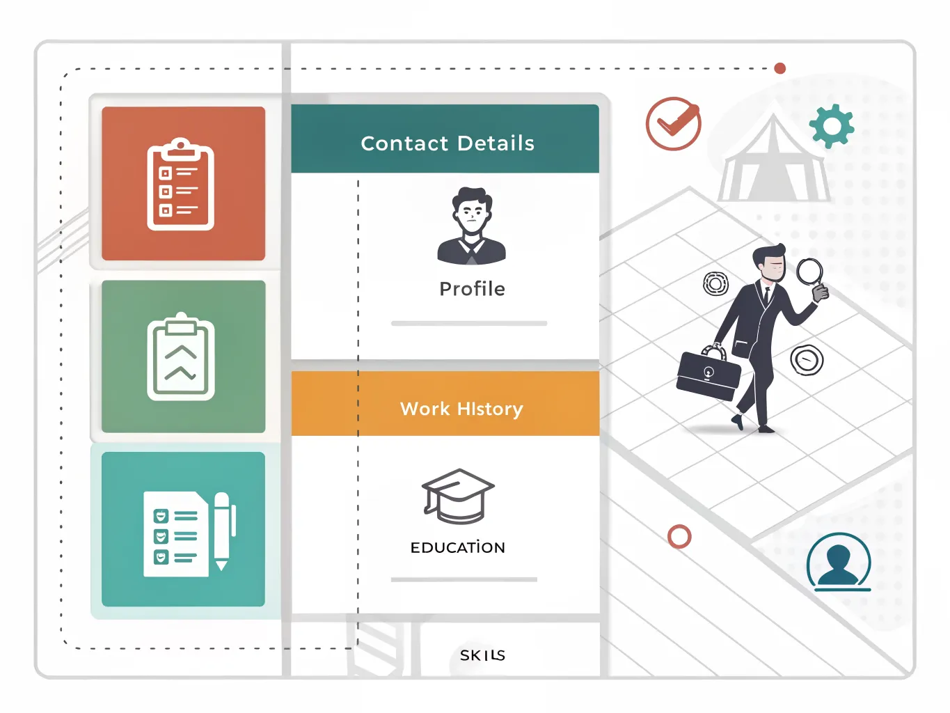 Infographic showing key CV sections recruiters look for: contact details, profile, work history, education and skills.