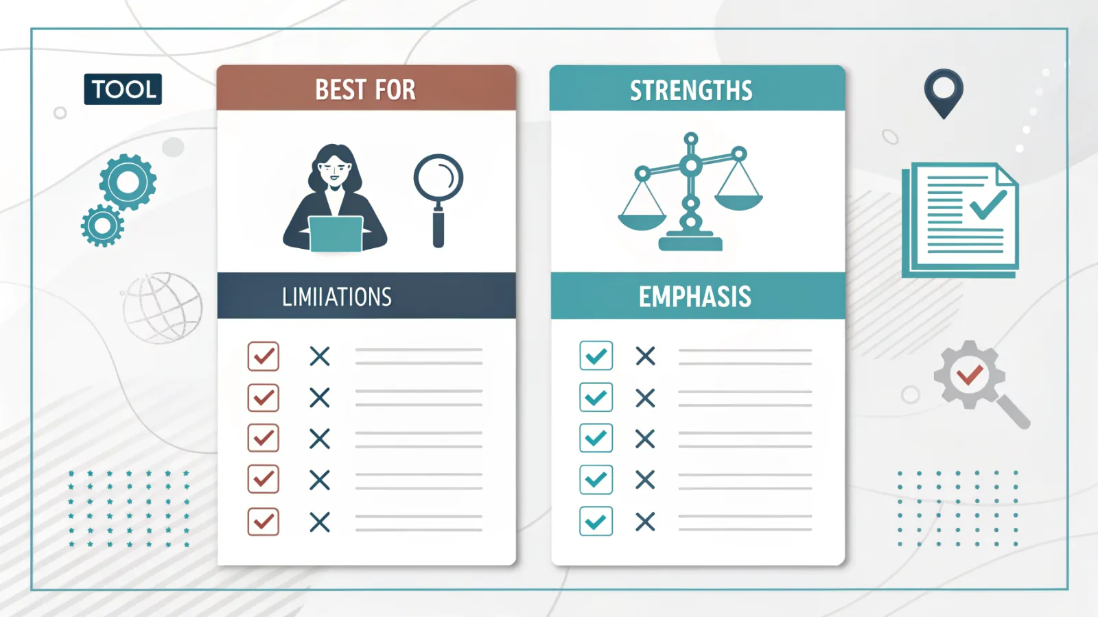 Comparison graphic of AI tools for work with labelled columns for best use, strengths and limitations.