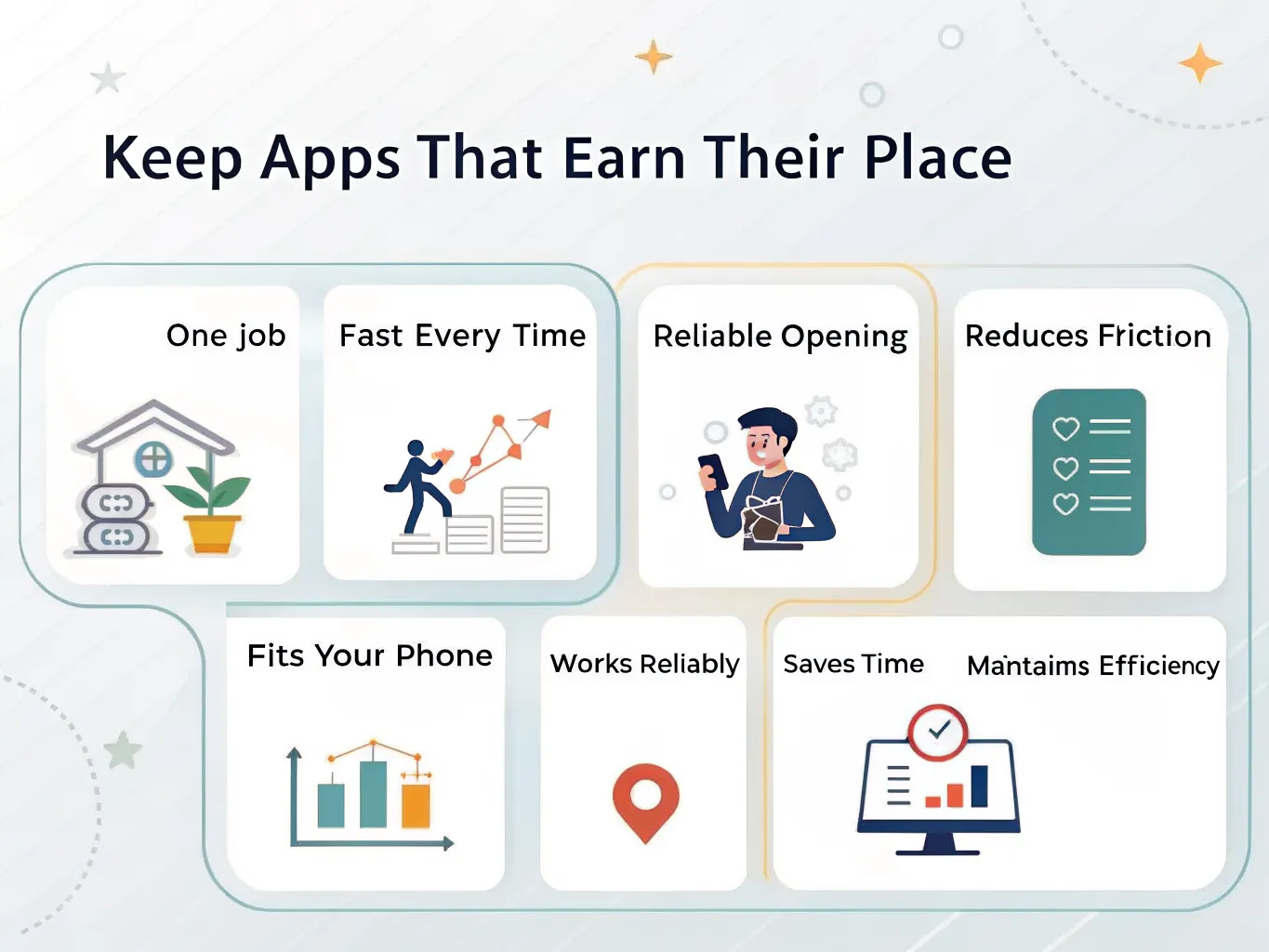 Infographic checklist showing criteria for keeping useful mobile apps.
