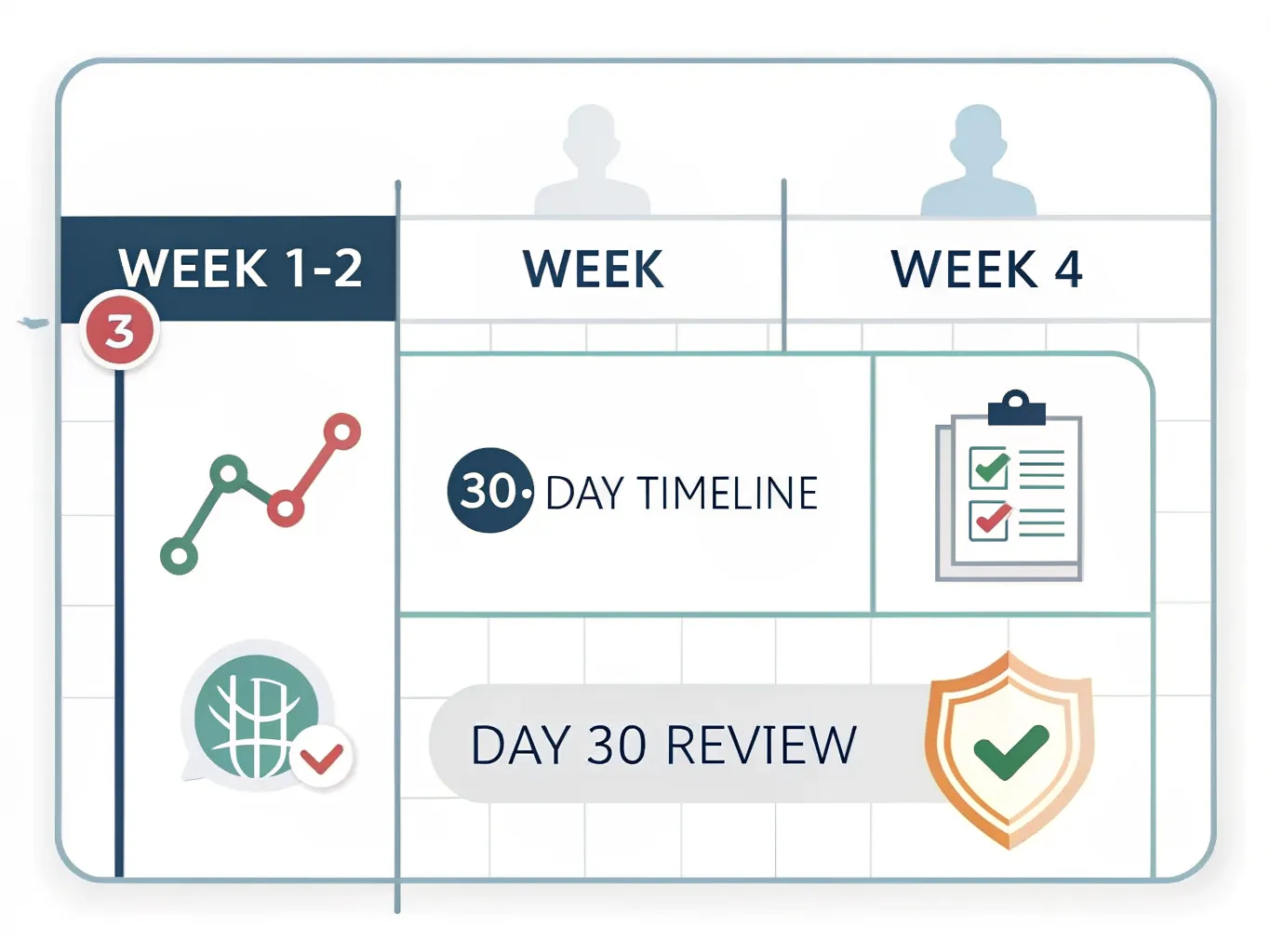 Infographic timeline showing a simple 30-day plan for rolling out AI in a small business.