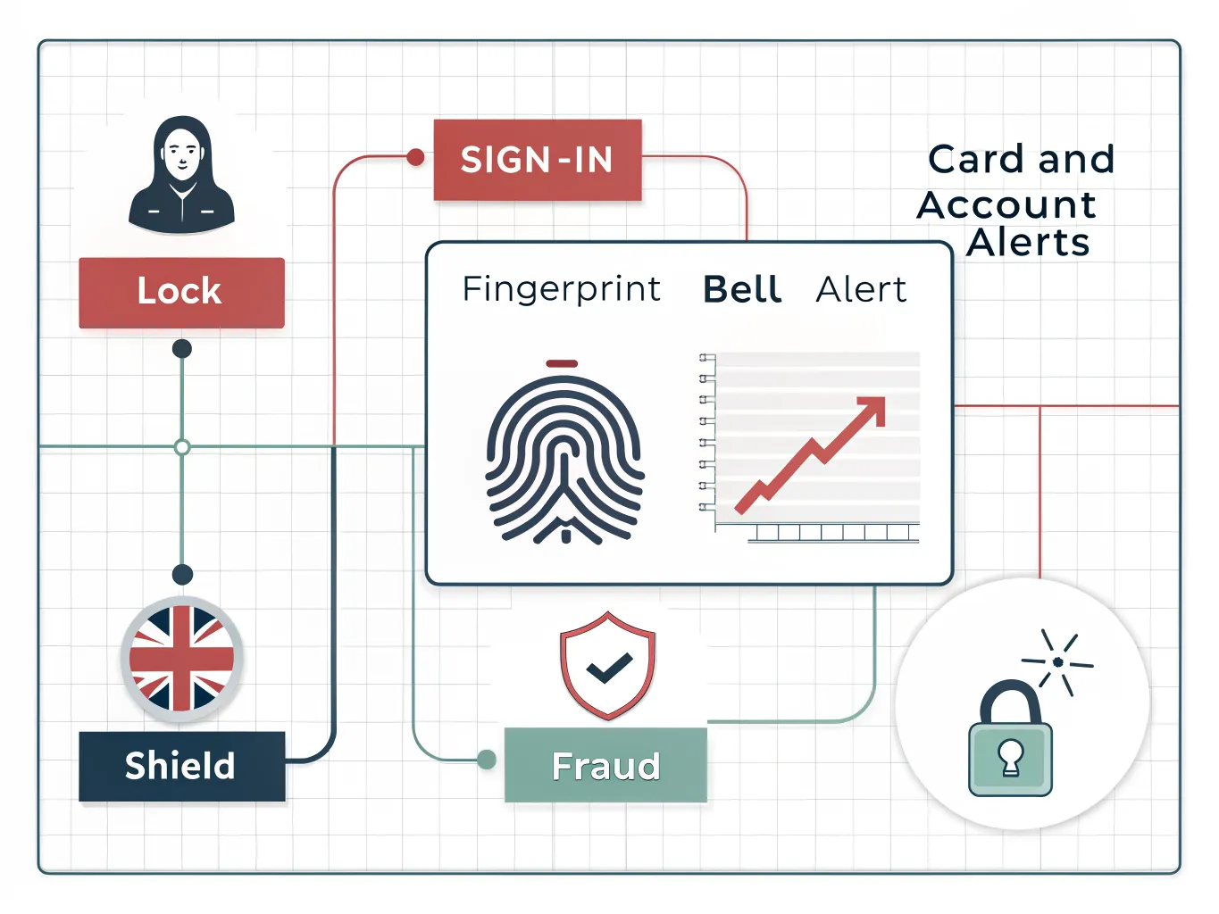Infographic showing mobile banking security elements such as biometric sign-in, alerts, new payee checks, transfer limits and confirmation steps.