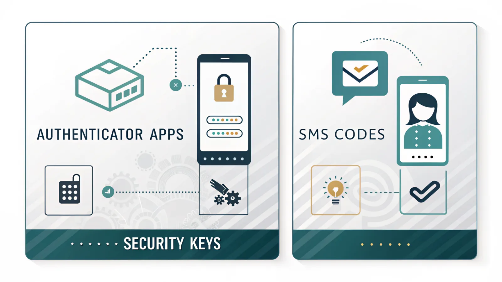 Comparison infographic showing authenticator apps, SMS codes and security keys with short security and recovery labels.