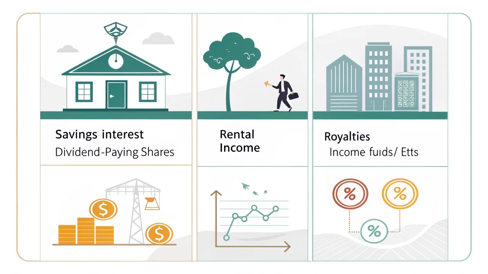 Comparison infographic style showing beginner passive income ideas side by side with short labels.