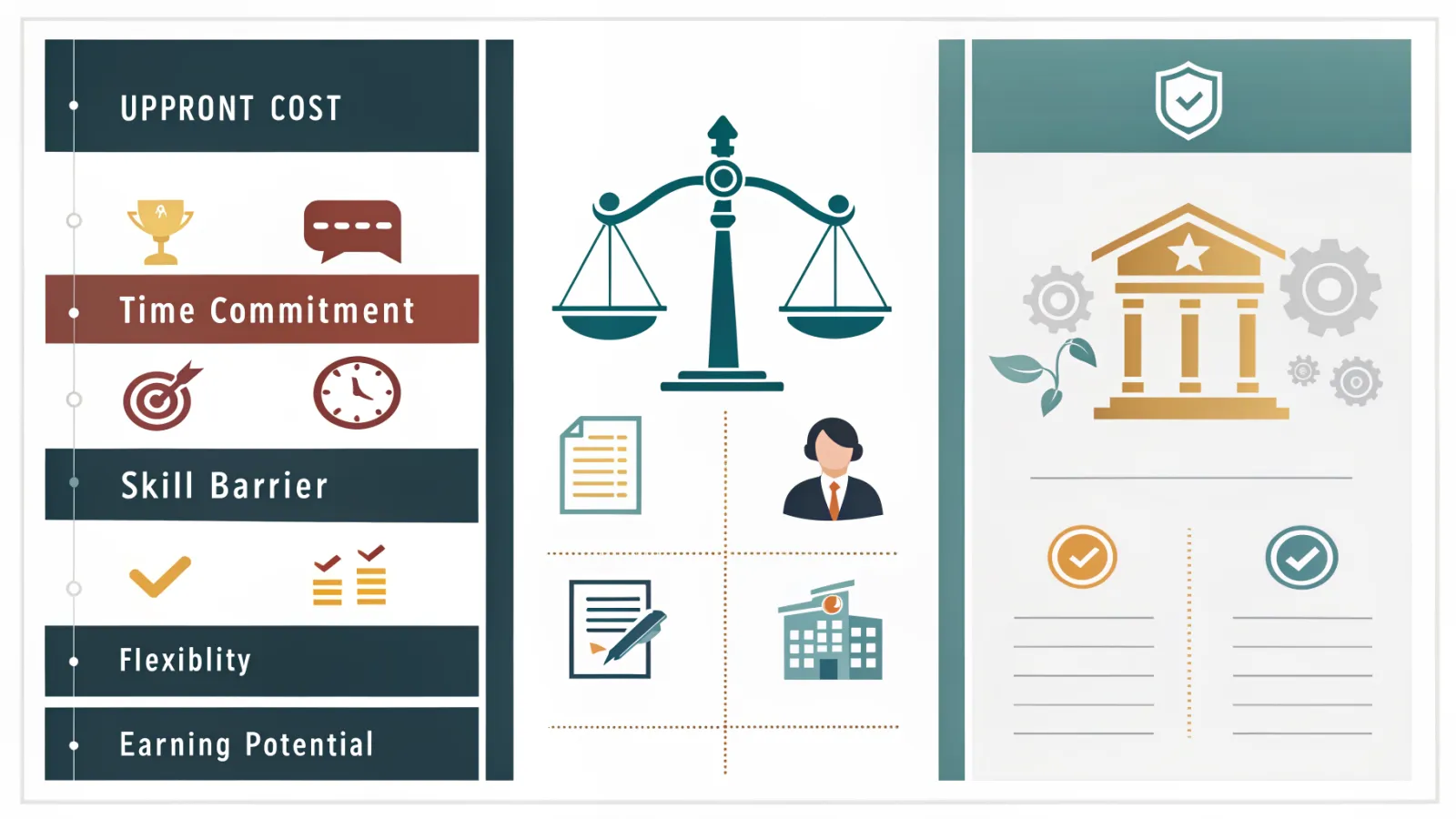 Comparison graphic grouping side hustles by cost, time and skill.